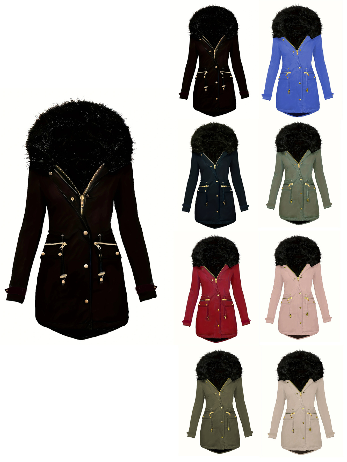 2024 plus size Amazon Europe and the United States cross-border winter zipper artificial fur decorative cap cotton-padded jacket