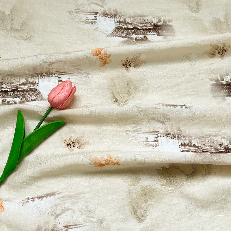 Water town koi new Chinese style Tencel jacquard fabric Hanfu cheongsam dress fabric handmade DIY fabric