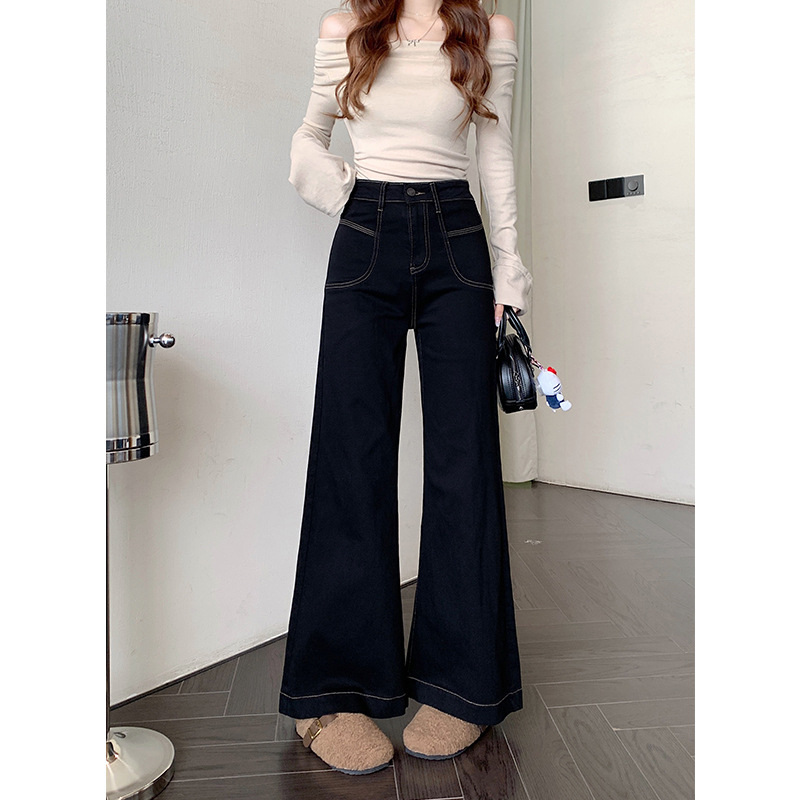 Pear-Shaped Figure Loose High-Waisted Slim Straight Micro-Flared Black Large Size Stretch Micro-Flared Jeans for Fat Women