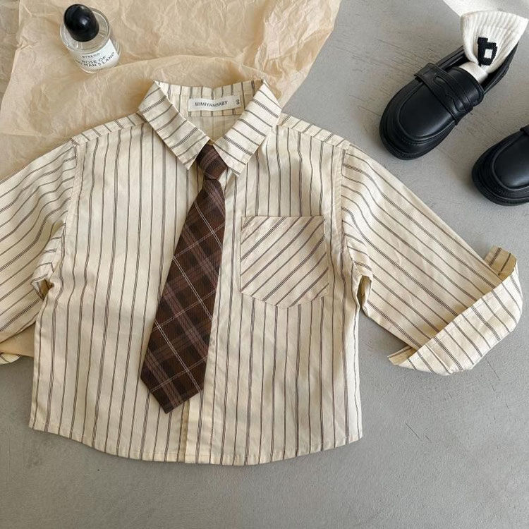 Picture of Children's Long Sleeve Shirt Academy Style 2024 Spring Korean Style Fashion Striped Western Style Casual Tie Shirt for Boys and Girls
