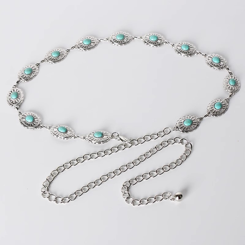 Women's Ancient Silver Old Bohemian Flower Turquoise Metal Waist Chain Ethnic Fashion Inlay Carved Decoration Waist Chain
