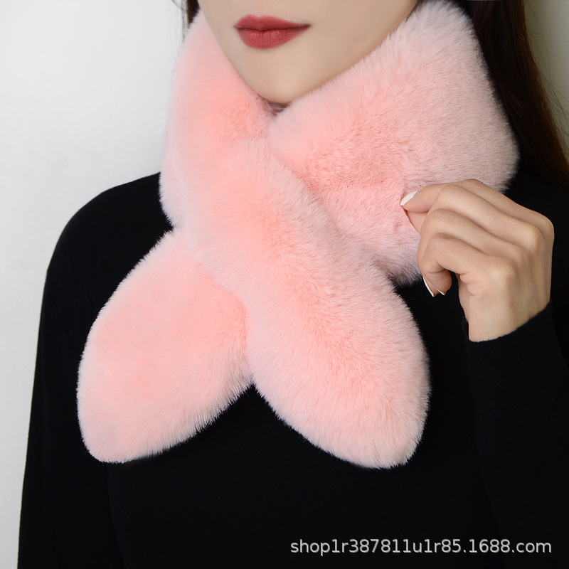 Picture of Internet Celebrity Plush Scarf Women's Winter Imitation Rex Rabbit Fur Thickened Warm Neck Protection All-match Simple Cross Fur Collar