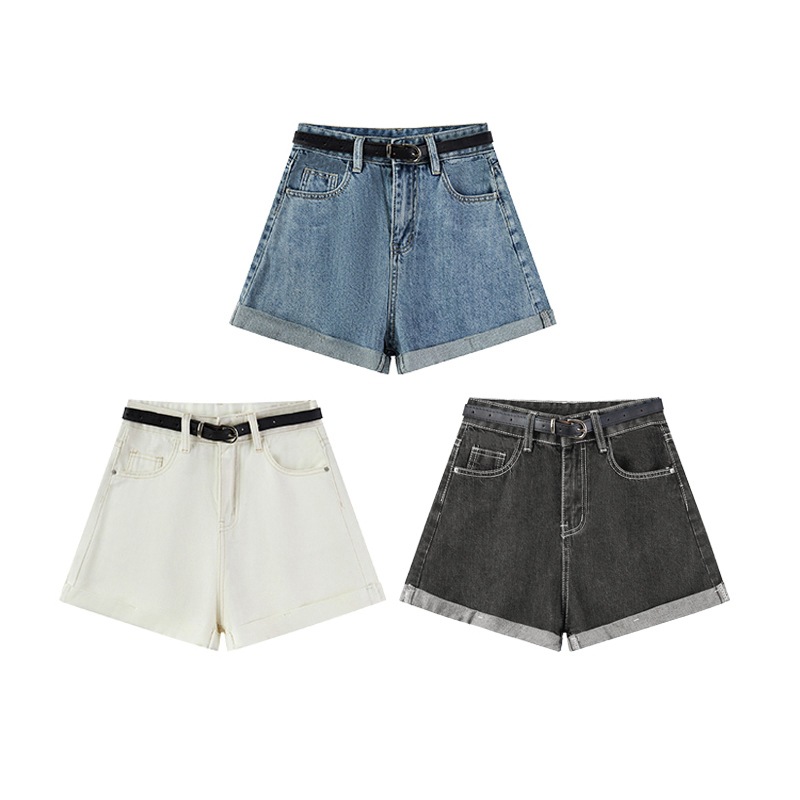 Picture of Denim Shorts Women's Summer New Ins Loose Korean Style High Waist Slim Look Outer Wear Student's Curled Wide Leg A- shaped Hot Pants Trendy