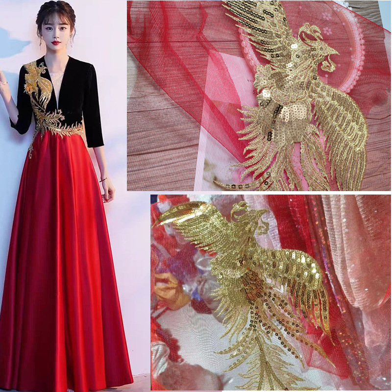 Golden Phoenix Sequins Wedding Dress Skirt Lace Accessories Performance Hanfu Tassel Decoration DIY Embroidery Pair
