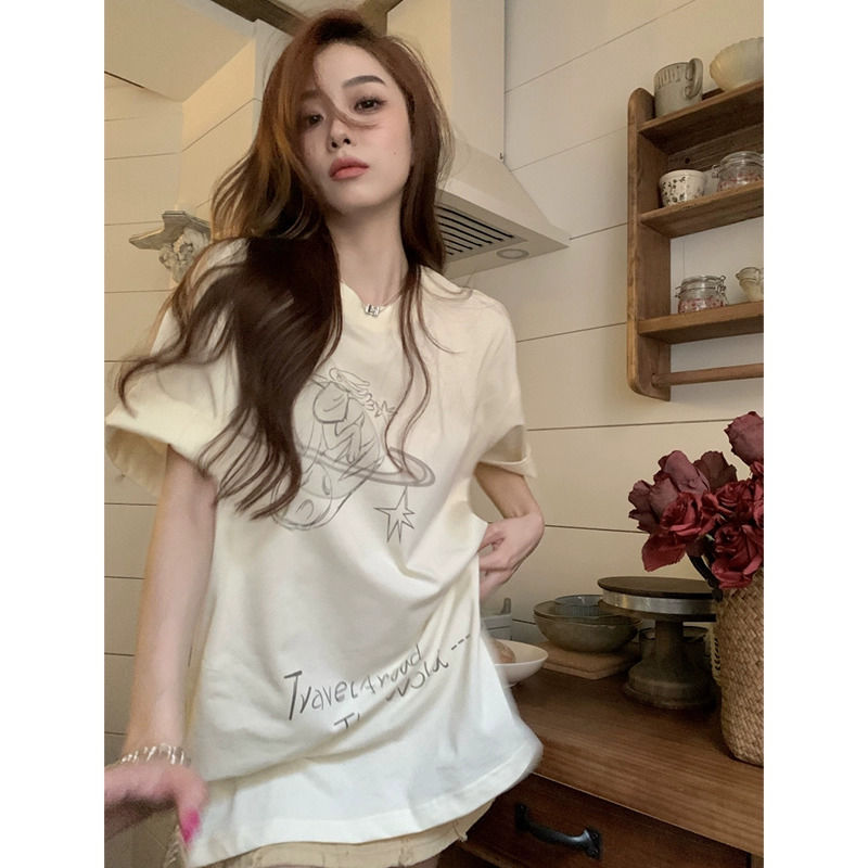 Picture of apricot Rabbit Printed Short-sleeved T-shirt Women's Summer Thin Korean Style Design Niche Loose Hong Kong Style Top
