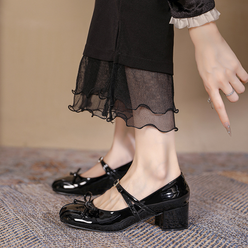 Black Mary Jane Shoes Women's Autumn and Winter New French Mid-heel Round Toe Bow Fashion Rhinestone Shallow Mouth Casual Shoes