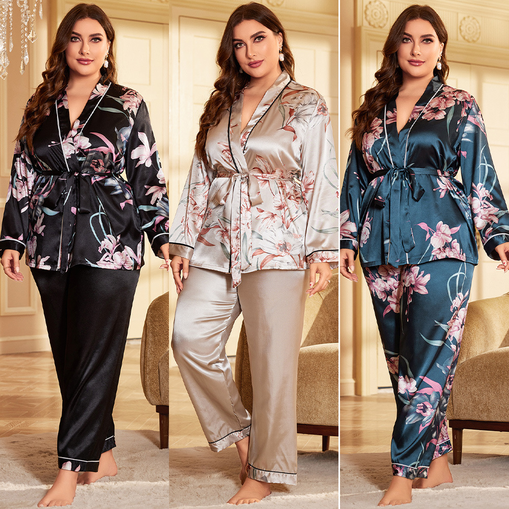 Cross-border plus size pajamas women's summer European and American style women's bathrobe sexy morning gown home wear can be worn outside ice silk nightgown