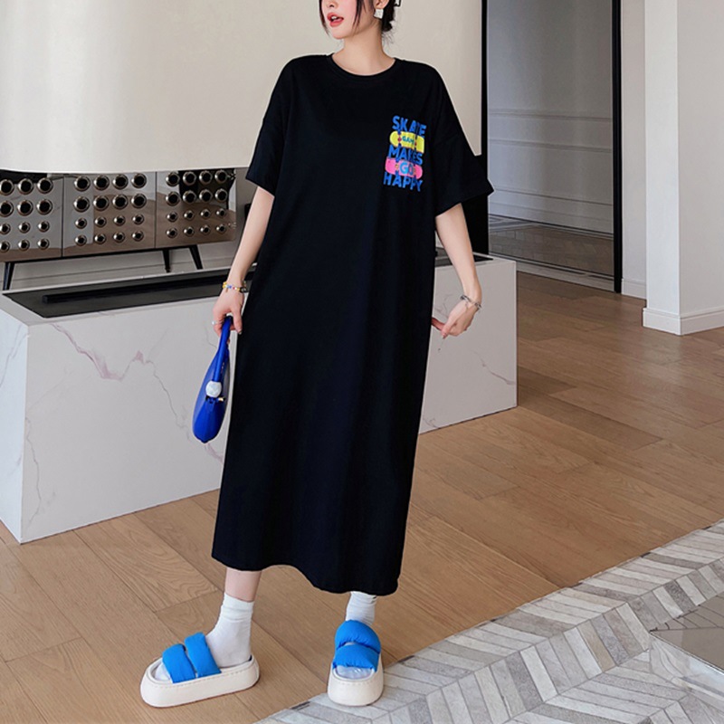 Picture of Korean Plus Size Women's Dress Summer Fat mm Long Short-Sleeved T-Shirt Women's Loose Slit Long Skirt Bottoming Shirt for Women