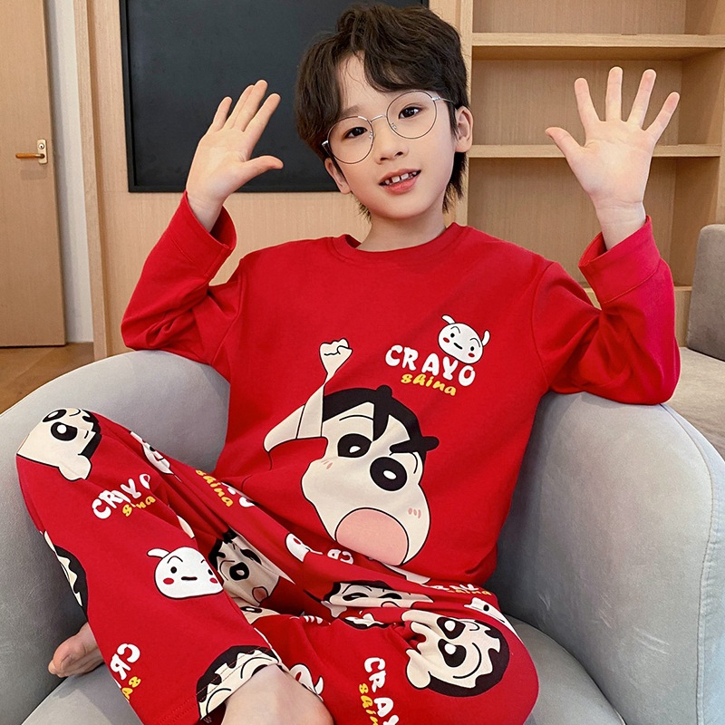 Picture of Spring and Autumn boys' pajamas pure cotton long-sleeved red animal year Festive dragon year little boy children's homewear suit