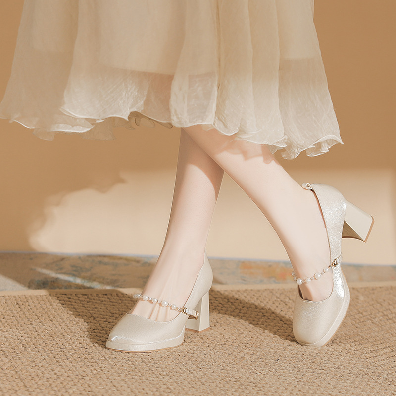 Picture of 2024 Autumn New Apricot White Wedding Dress Mary Jane Women's Shoes Small High Heels Princess Bride Wedding Shoes