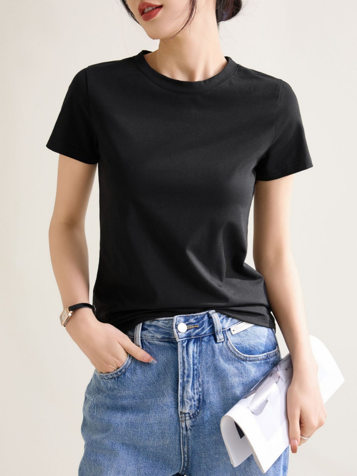 Ice-Feel Pure Color Right Shoulder Slim Round Neck Cotton Short-Sleeved T-Shirt for Women 2025 Spring and Summer New Elegant Inner Pullover Top