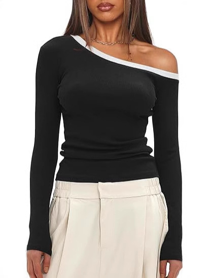 2025 Amazon sexy contrast color design slant shoulder long sleeve women's V-neck slim Y2K fashion autumn outing top