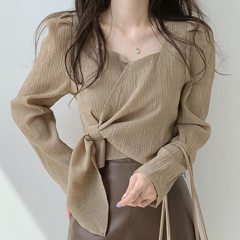 Korean chic Autumn Vintage Slimming Square Collar Irregular Lace-up Irregular Design Loose Long Sleeve Shirt Top