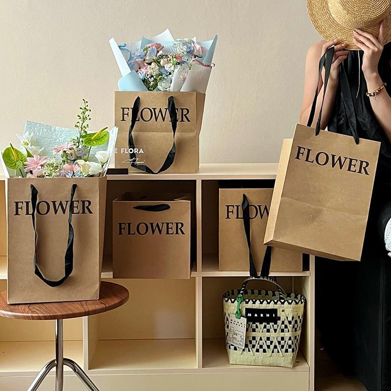 Changyi Wholesale Simple Kraft Paper English Handbag Flowers Gift Thickened Packaging Handbox Flower Shop Materials