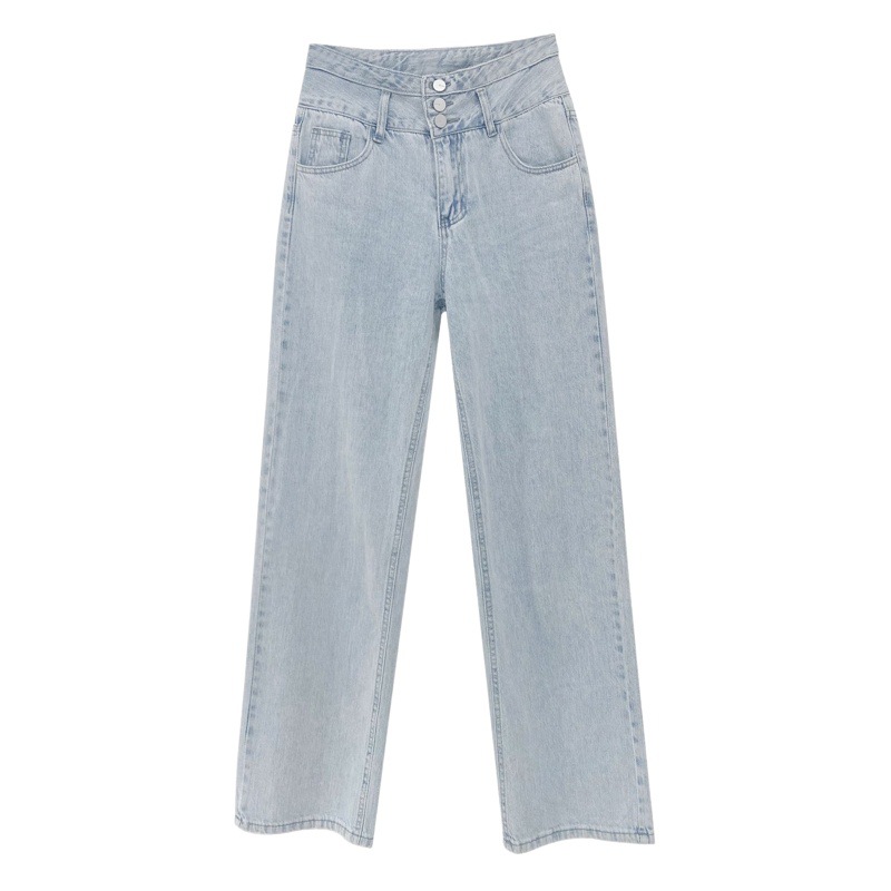 Hyun-Ya Style Retro High Waist Breasted Jeans Women's New Dipped Loose Straight Wide Leg Trousers Slimming Mop Pants