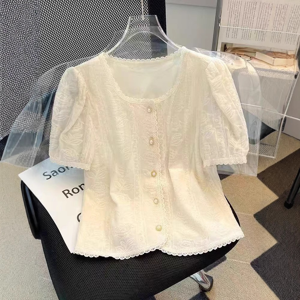 French Puff Sleeve Lace Top Women's Summer New Temperament Chiffon Shirt Short-Sleeved Plus Size Women's Shirt