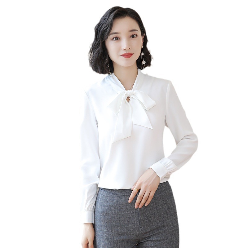 Picture of Pink Long-sleeved Shirt Women's Autumn Design Bow Chiffon Top High-end Fashion Western Style Silk Shirt