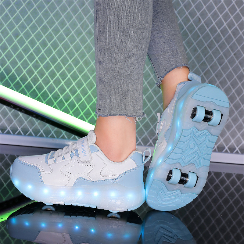 Cross-border heloo shoes manufacturers wholesale rechargeable luminous shoes LED lights children adult roller skating shoelace wheels