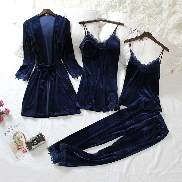 Picture of Pajamas for Women 2025 Spring New Gold Velvet Four-Piece Set Sexy Long-Sleeved Korean Velvet Nightgown with Chest Pad Home Clothes