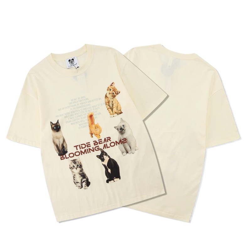 Chao Shen's Ami Khaji Loose Cartoon Cat Letter Print American Casual Short-sleeved Cotton T-shirt for Men and Women Summer