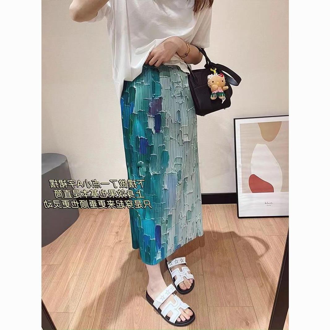 2024 Summer Fresh Printed Pleated Skirt Slit Slimming Straight Elastic High Waist Skirt