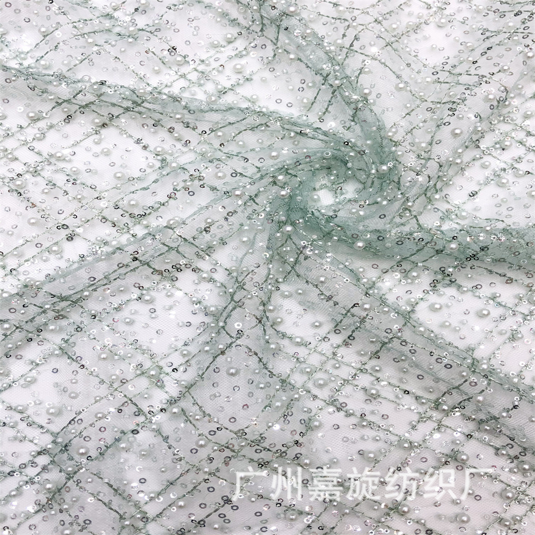 New Three-Line Square Bead Tube Embroidery + Large and Small Bubble Beads Sequin Mesh Fabric French Wedding Dress Children's Dress Lace