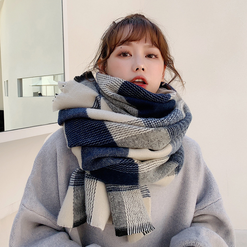 Blue Plaid Scarf for Women Winter Imitation Cashmere Korean Style Versatile Long Ins Trendy Niche High-End New Scarf