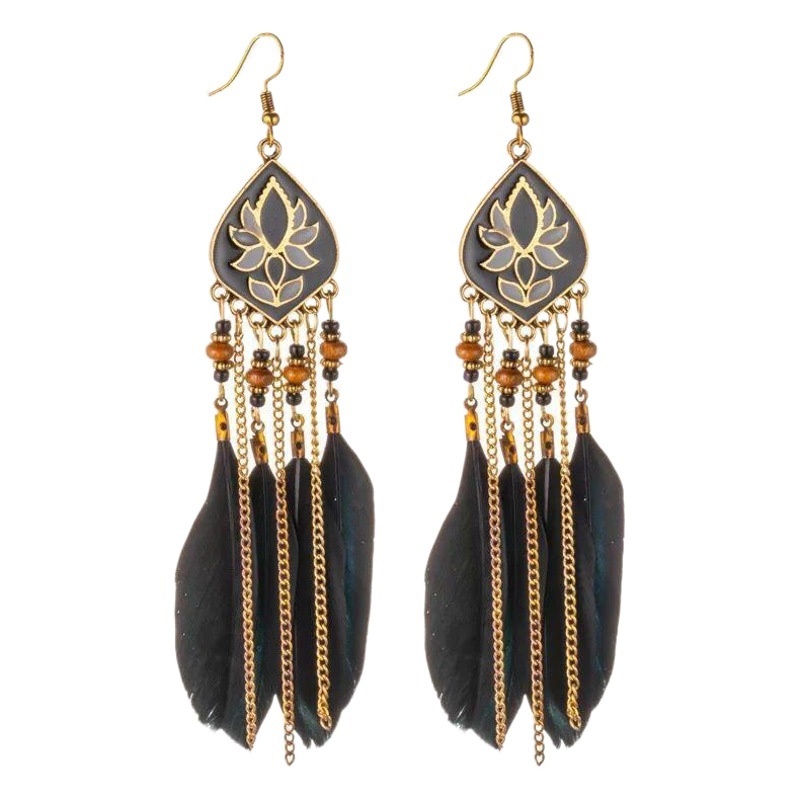 Carved Feather Earrings Bohemian Style Rice Beads Diamond Tassel Earrings Women's Retro Ethnic Alien Earrings