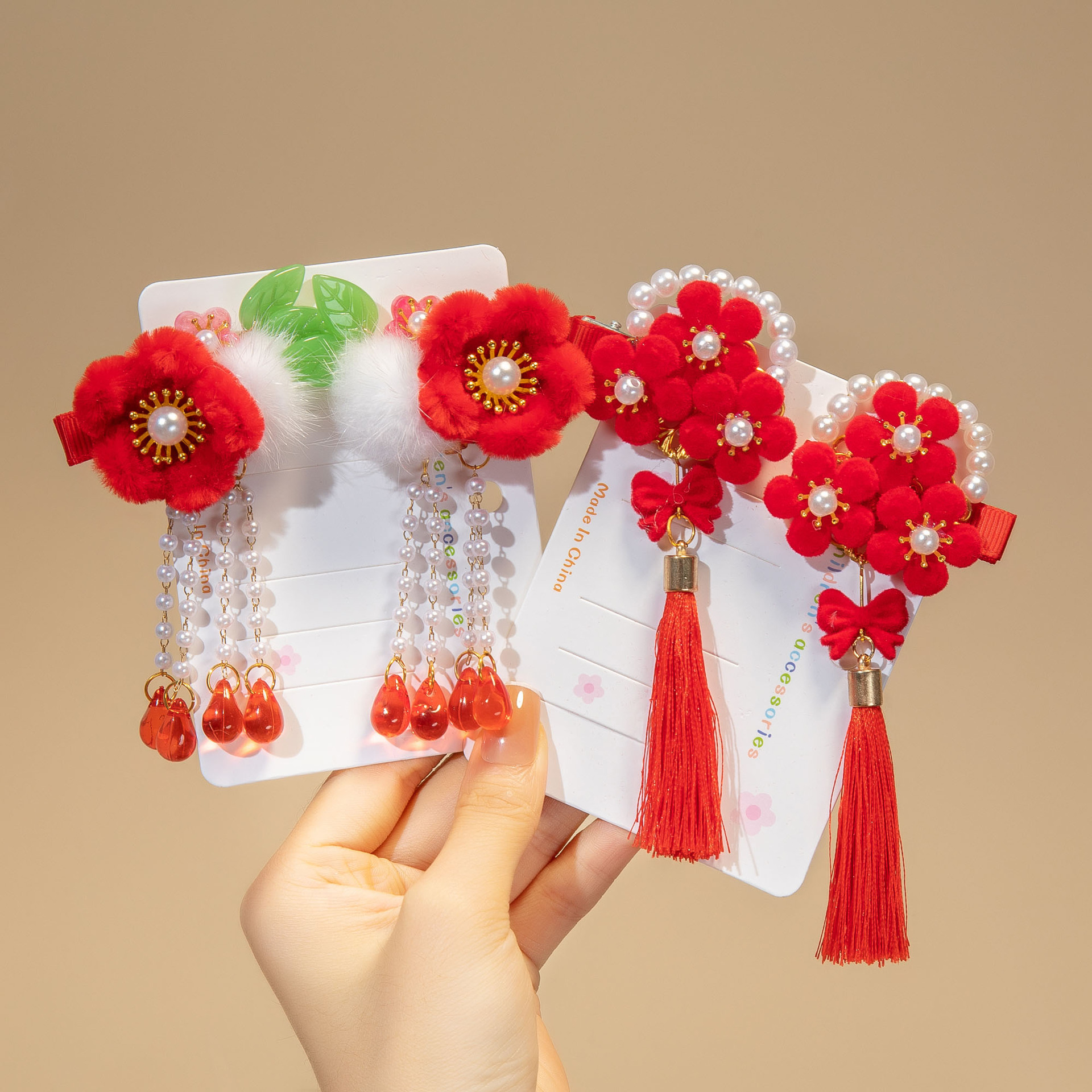 Picture of New Year Red Headwear Children's Antique Fluffy Flower Hair Ball Tassel Hairpin Girls New Year Greeting Hairpin New Year Celebration Hair Accessories