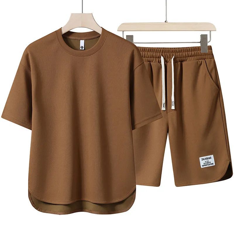 Cross-border Cotton 2023 Short-sleeved New T-shirt Men's Summer Sports Loose Casual Two-piece Solid Color Men's Trendy