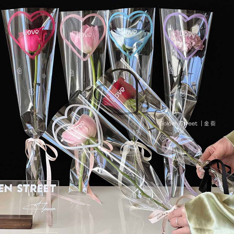 Transparent heart bouquet single bag rose flower packaging bag OPP waterproof floral materials florist materials wholesale
