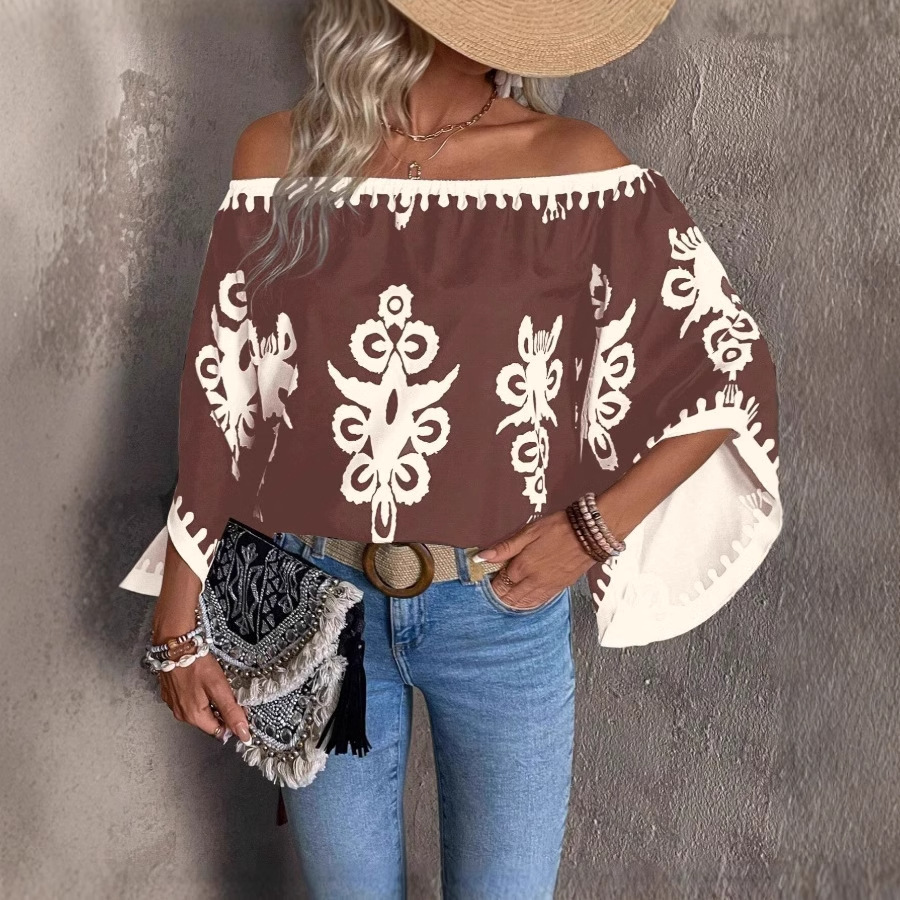 Picture of Amazon 2025 AliExpress Cross-border European and American New Fashion Loose Printed Bat Sleeve Top for Women