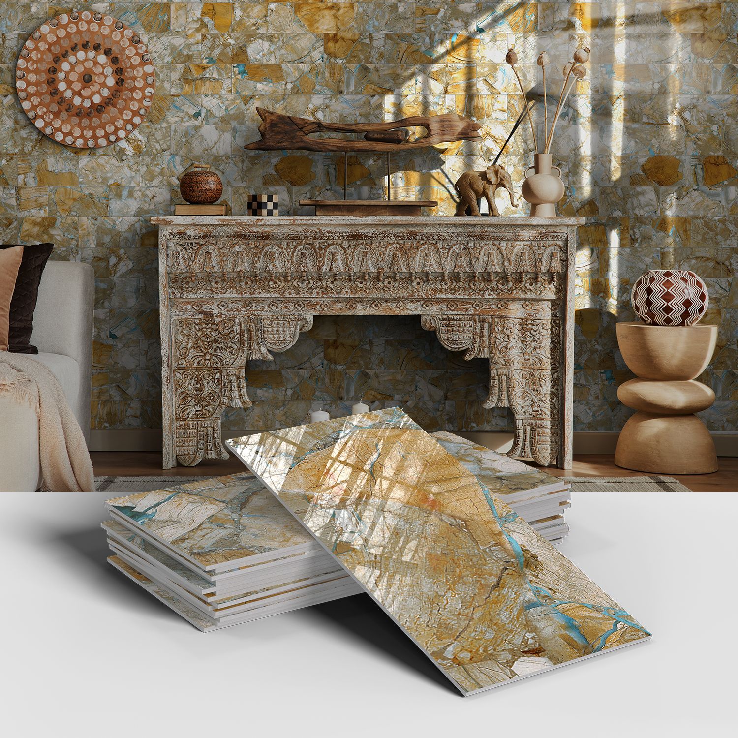Picture of Crystal Marble Tile Wall Stickers Thickened PET Waterproof Self-adhesive Wallpaper for Kitchen Living Room Wall Decoration Cross Border