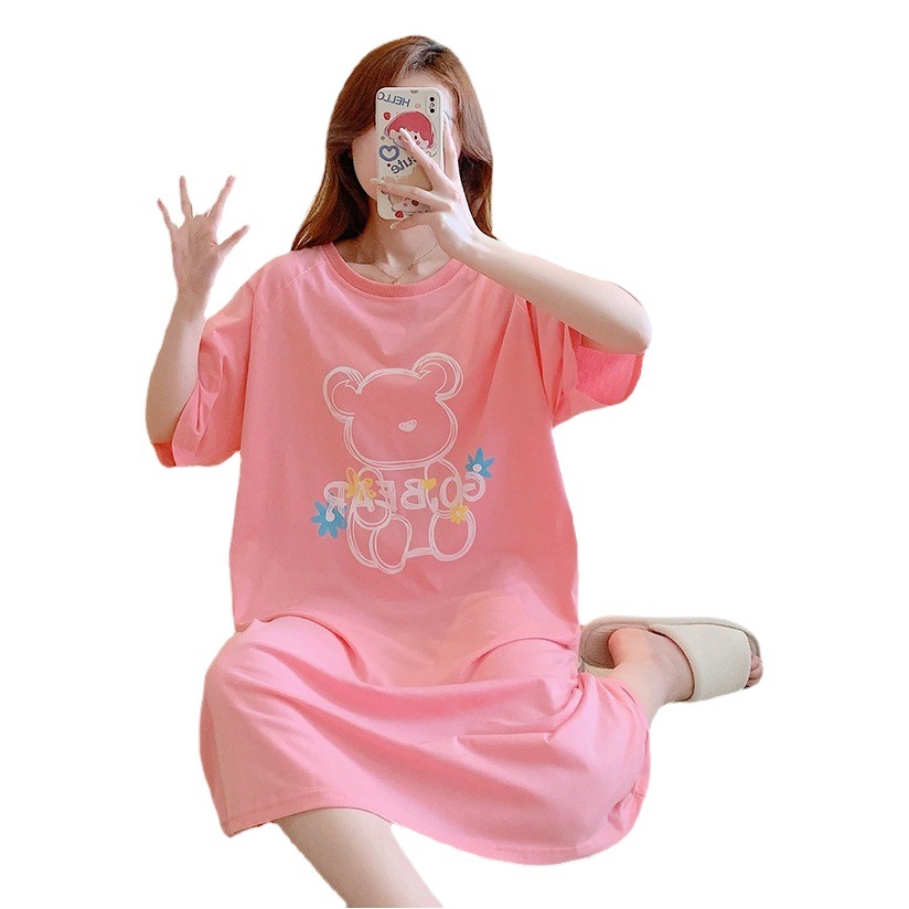 Summer cotton pajamas women's sweet cartoon short sleeve long nightgown plus fat plus size 300kg fat m home clothing summer