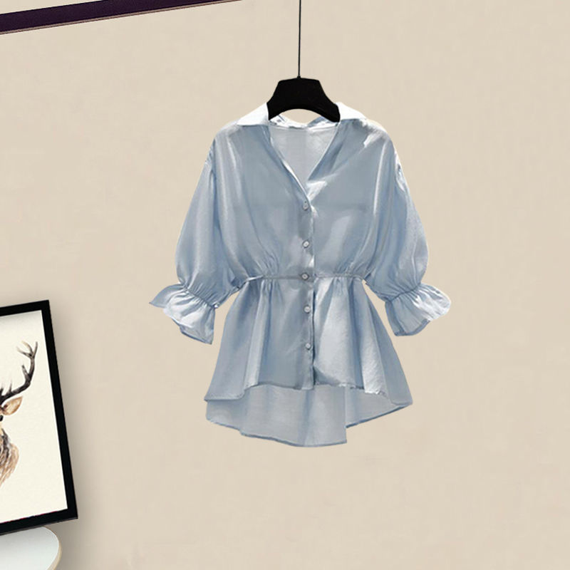 Picture of Summer Suit for Women 2024 New Large Size Women's Fashionable Waist Slimming Shirt Denim Skirt Two-Piece Trendy Set
