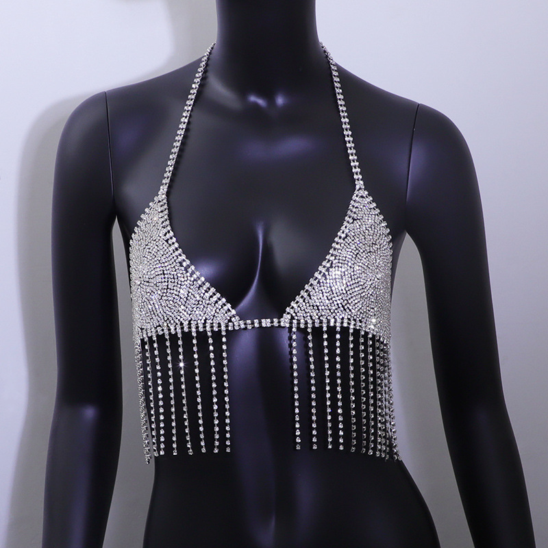 Summer sexy flashing rhinestone bikini exaggerated tassel beach vacation chest chain body chain cross-border hot selling ladies