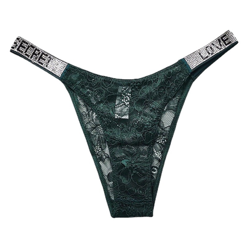 French Sexy Lace Rhinestone Letter Fun Low Waist Hot Transparent Spice Girl Pure Desire Thin Summer European and American Underwear