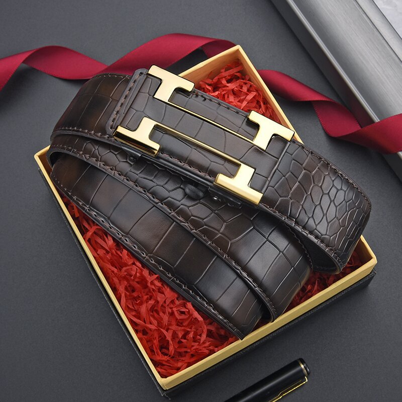 Men's Belt Toothless Automatic Buckle Crocodile Pattern Belt Cowhide Men's Simple Business Belt Internet in stock