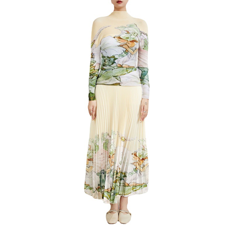 Miyake Fashion Suit Top and Skirt Two-Piece Set Casual Design Elegant Classy Pleated Elastic Clothes European Goods