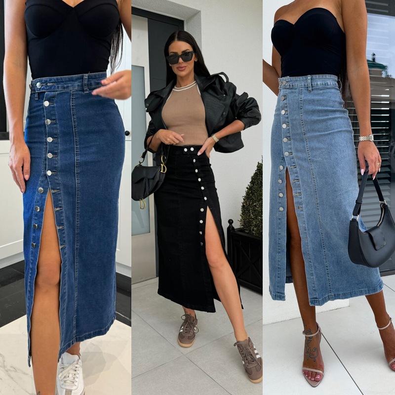 Amazon Cross-border 2025 Spring New Slim-fit Mid-length Denim Skirt Women's Volleyball Buckle Irregular Stitching Hip Skirt
