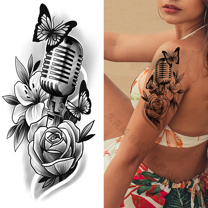Picture of Cross-Border Supply of Sketch Flower Tattoo Stickers, Sketch Tattoo Stickers, Rose Flower Black and White Flower Tattoo