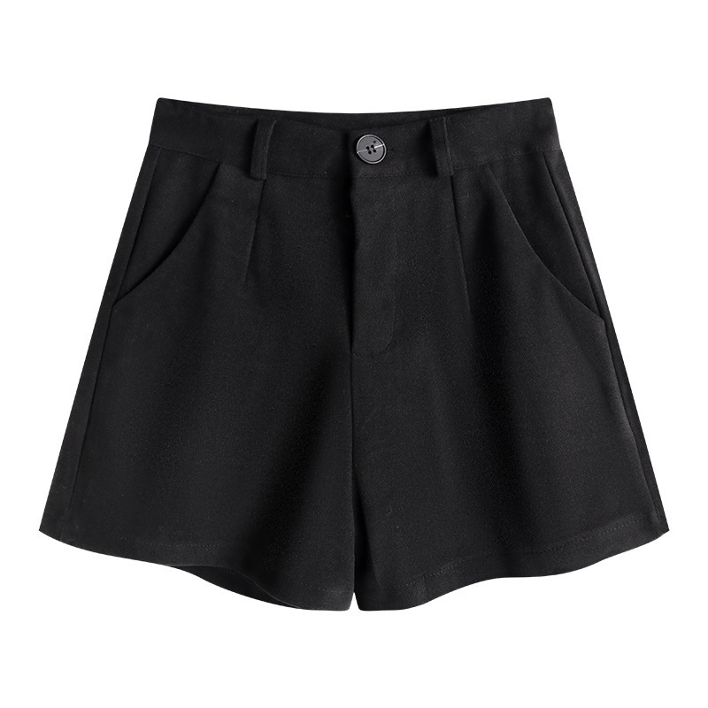 Black Woolen Casual Pants Women's Autumn and Winter Short Straight Boots Shorts Slimming High Waist A- Shaped Wide-Leg Pants