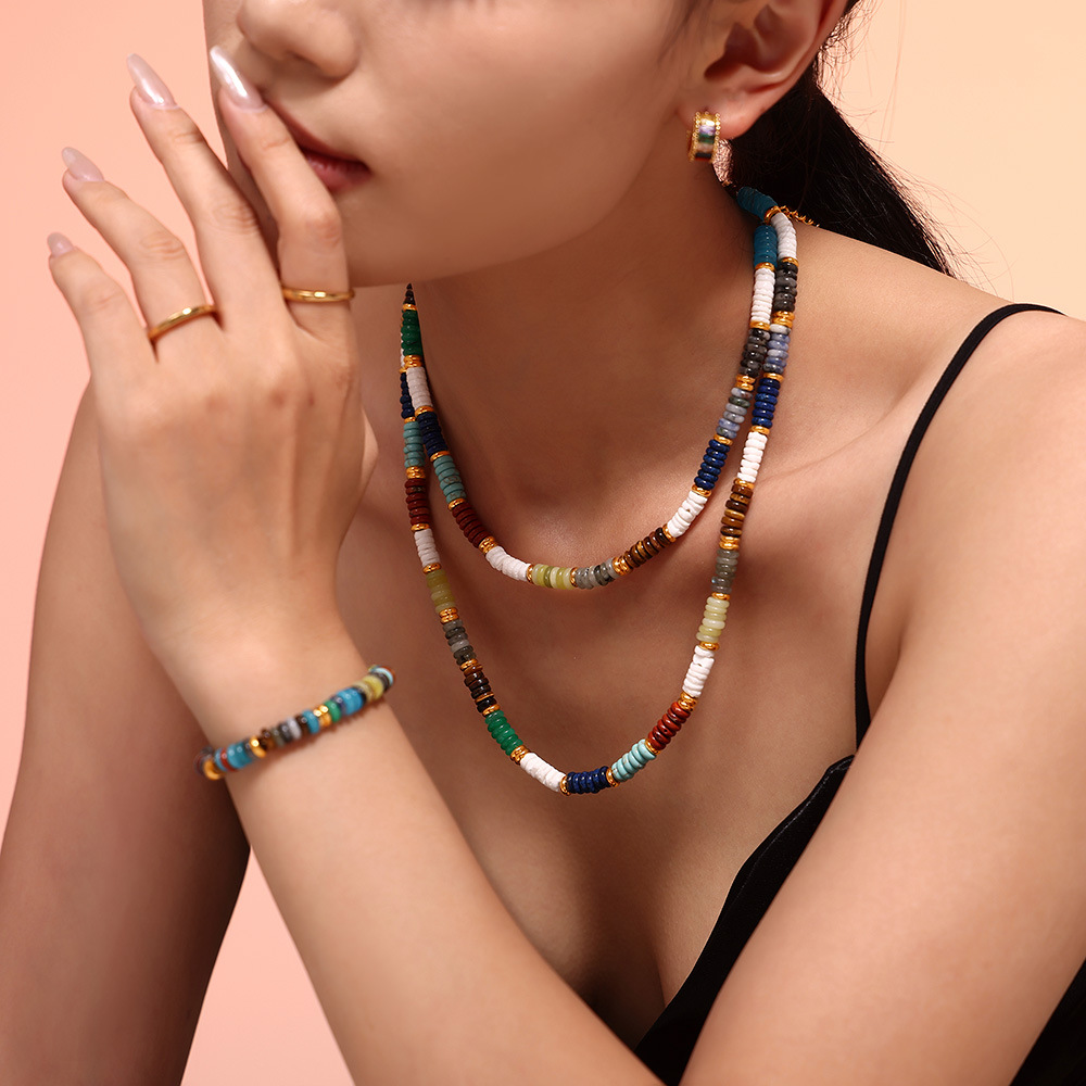 European and American Retro Dopamine Natural Stone Abacus Bead Necklace Bracelet Ethnic Style Light Luxury Handmade Rainbow Beaded suit