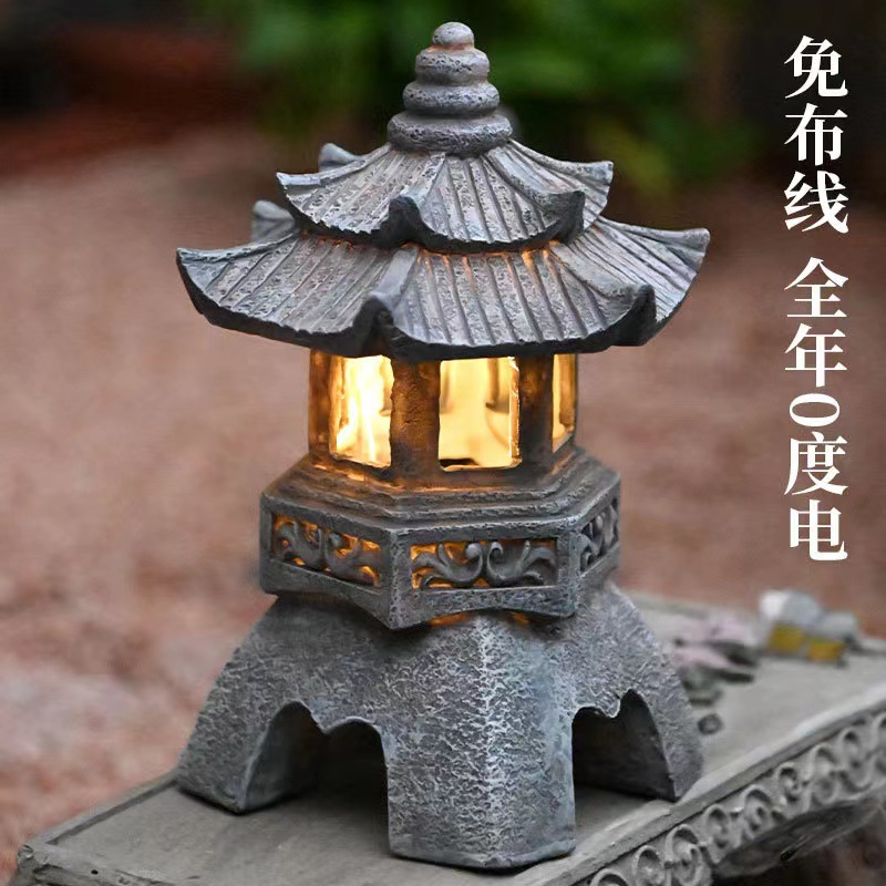 Amazon Solar Chinese Garden Light Ornament Garden Resin Statue Crafts Decoration Landscape Light Stone Tower Light