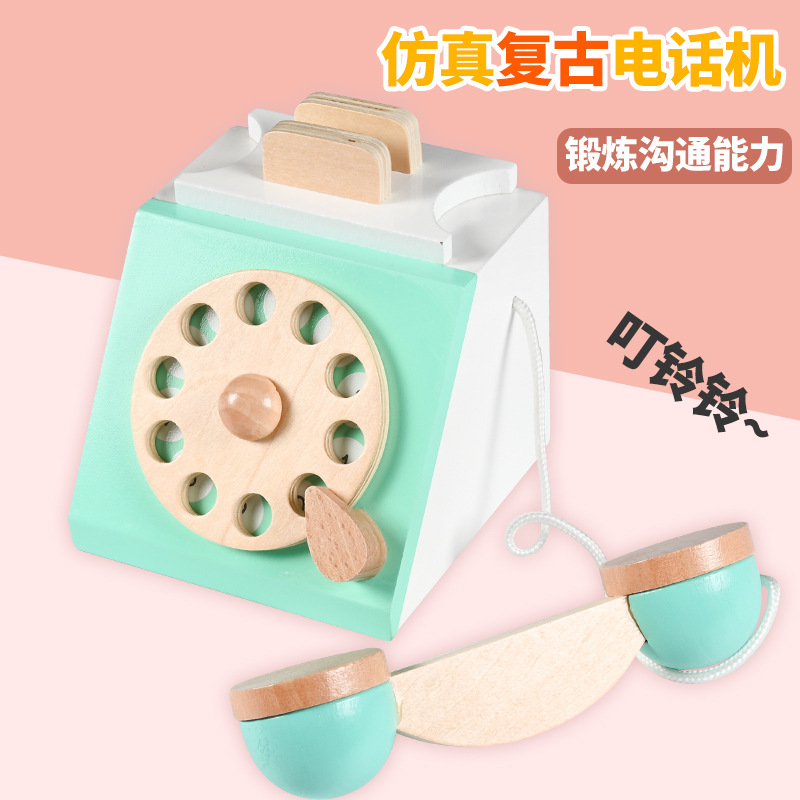 Wooden retro simulation turntable telephone children play house kindergarten digital cognition parent-child interactive toys