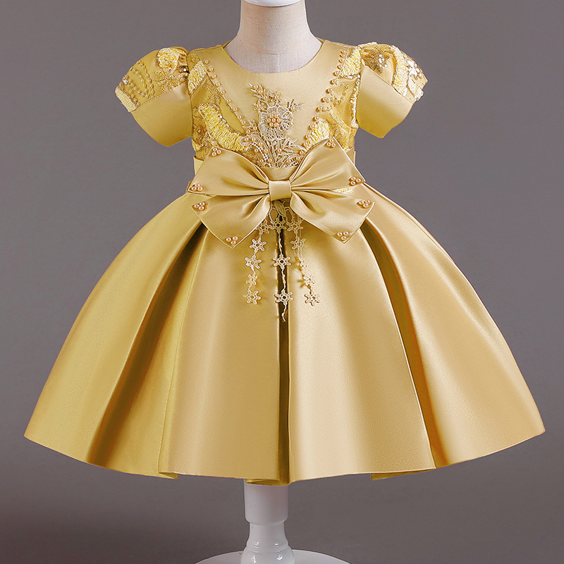 Picture of Cross-border new children's dress Princess dress satin beaded bow dress flower girl birthday party costume