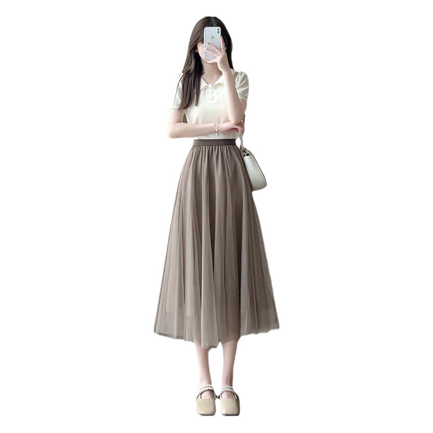 A- line Large Swing Skirt Women's Summer Elasticated High Waist New Fashionable Double Pleated Long Princess Mesh Skirt