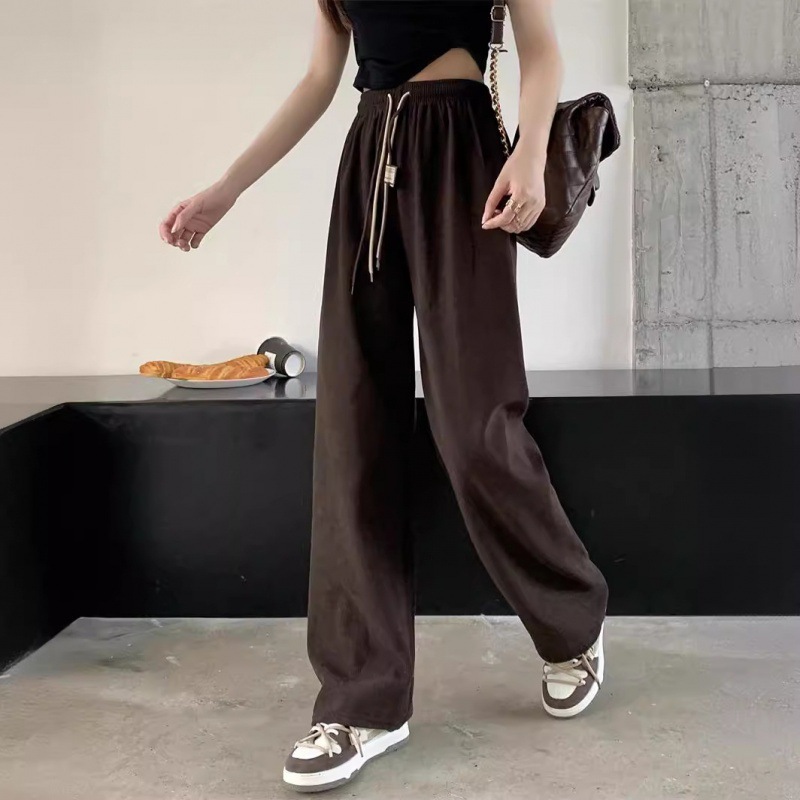 Picture of Grooved Cotton Velvet Smiley Face Double Drawstring Wide-Leg Pants for Women, Spring and Autumn High-Waist Drapey Loose Straight Ultra-Thin Stripe Casual Pants