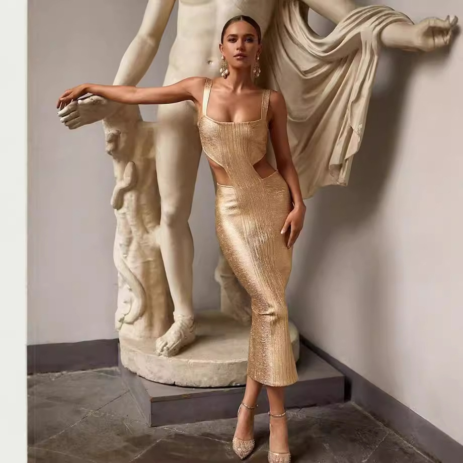 2022 Summer New Arrival Strap Backless Sexy Bandage Dress Long Bronzing Luxury Evening Dress Birthday Party