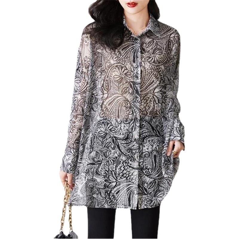Real Shot Spring and Summer New Ink Printing and Dyeing Loose Slimming Mid-length Shirt Women's Atmospheric Age-reducing Top for Women